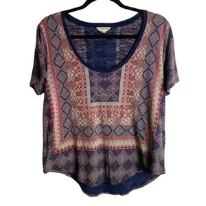 Lucky Brand Size Large Border Print Tee Shirt Blue Bohemian Aztec Scoop Neck